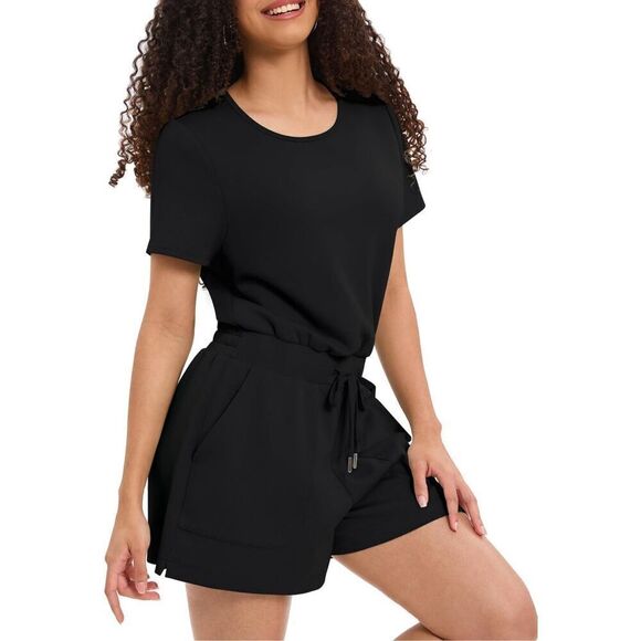 NEW Black Romper Loose Crewneck Short Pockets S - Picture 2 of 7
